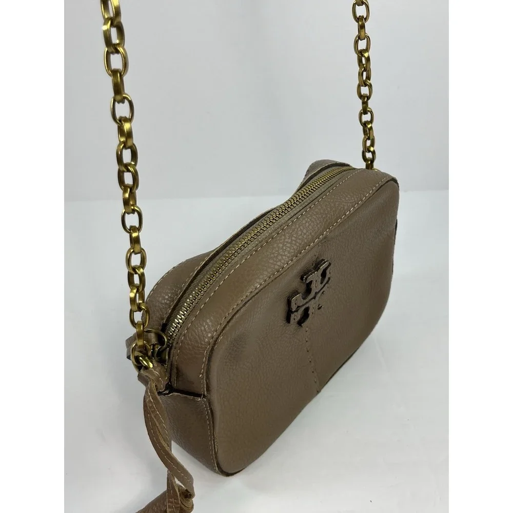 Tory Burch McGraw Camera Crossbody Bag Beige Tan Sand Leather - Strap Damage